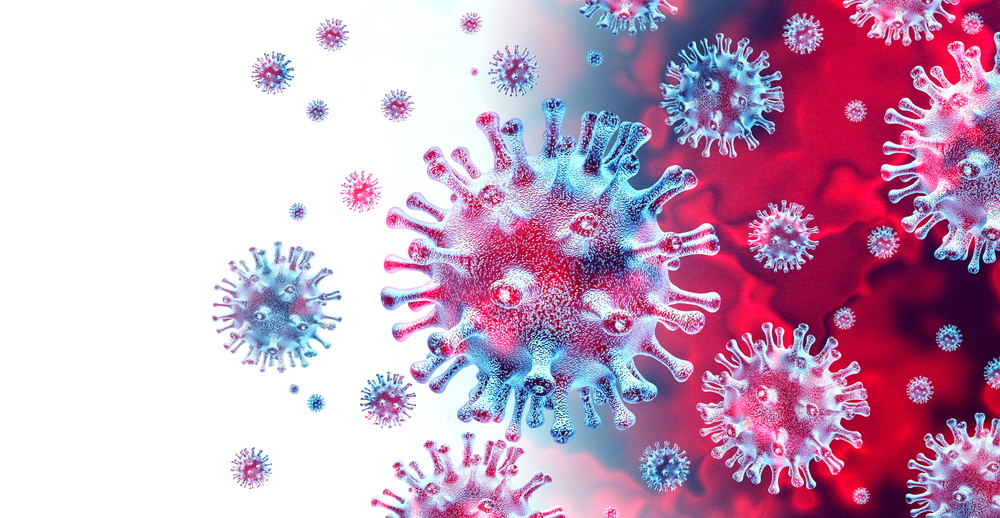 Digital illustration of multiple virus particles, shown in blue and red tones, representing a microscopic view of a viral infection against a gradient background.