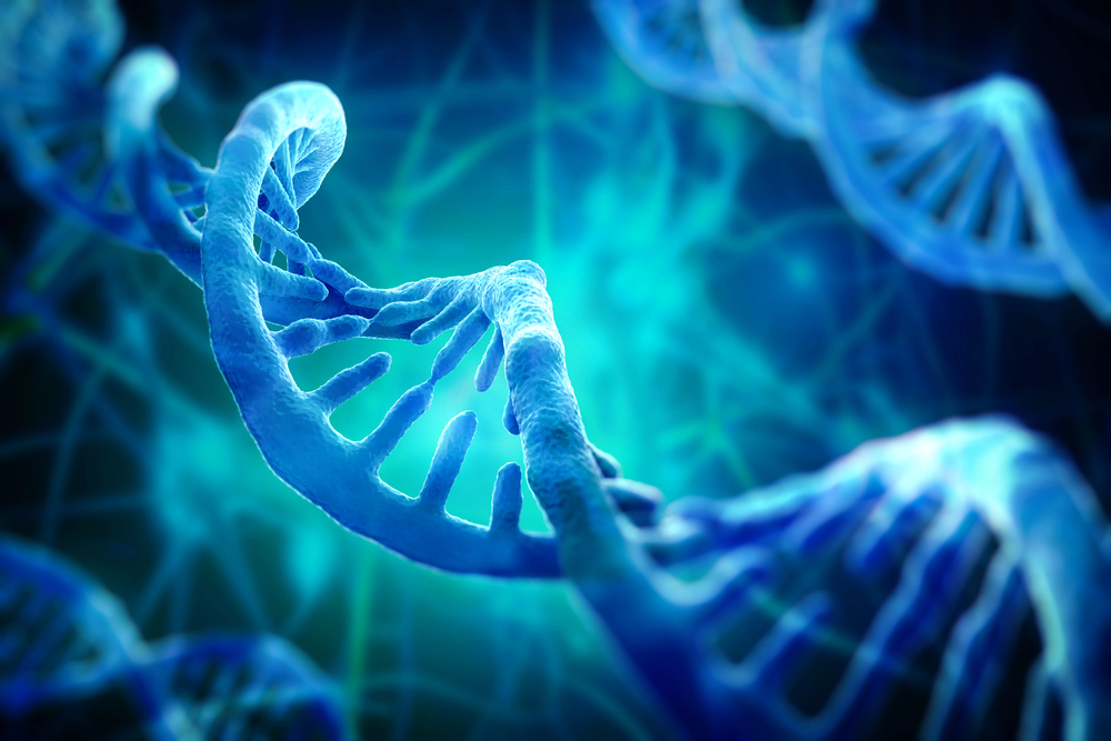 Close-up illustration of a blue DNA double helix strand against a blurred blue background, highlighting the genetic foundations that can influence susceptibility to cavities in molecular biology research.