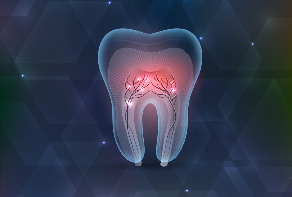 Digital illustration of a tooth with highlighted nerves and roots in red, indicating pain or infection, on a dark geometric background.