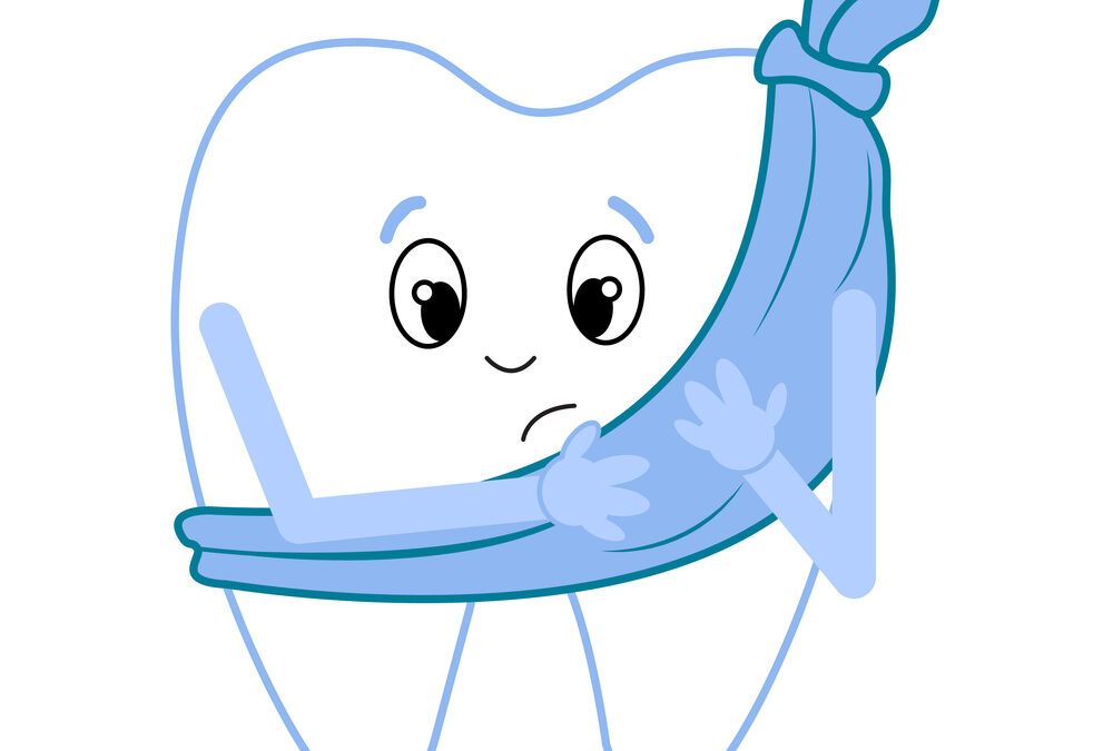 Illustration of a sad tooth character holding an ice pack to its cheek, suggesting tooth pain or discomfort.