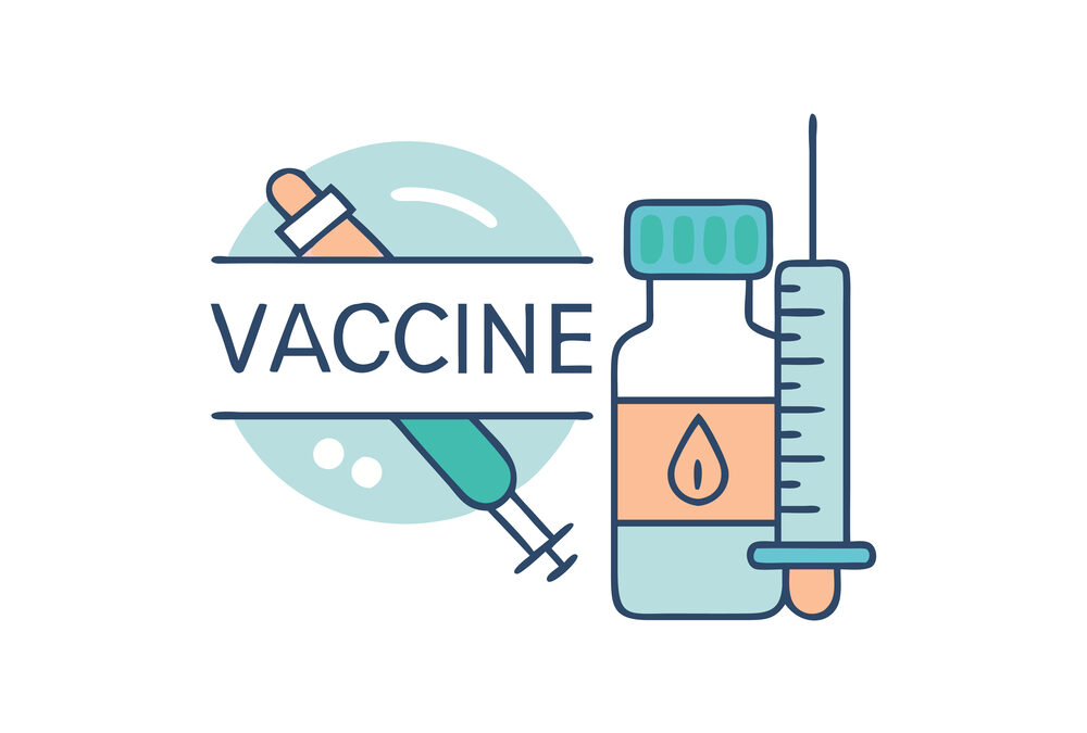 Illustration of a vaccine vial and syringe with the word "VACCINE" across the image, set against a simple light blue circular background.